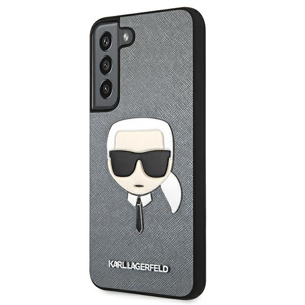Hülle KARL Hülle Samsung Galaxy S22 Plus Saffiano Ikonik Karl`s Head Silber Hardcase